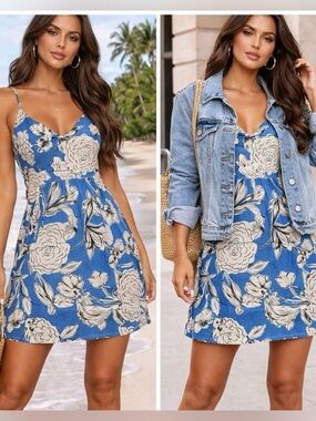 Zara Blue Floral Linen Blend Summer Mini Dress NWOT